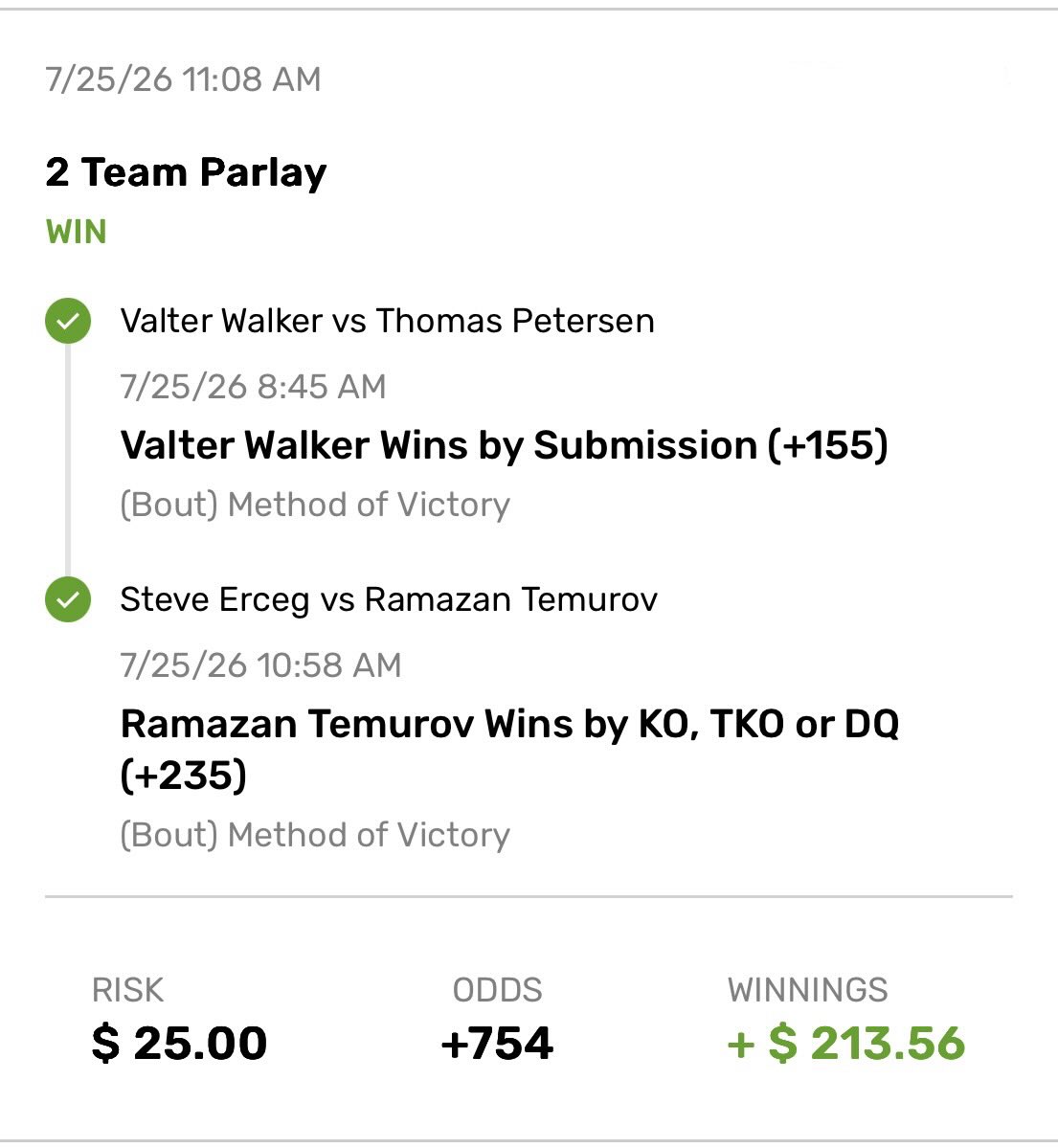 JBart_Vik's tweet photo. Small 2-leg UFC parlay🎯
Valter Walker Wins by Submission✅
Ramazan Temurov Wins by KO or TKO✅
#UFCAbuDhabi https://t.co/k9TeJQpT78