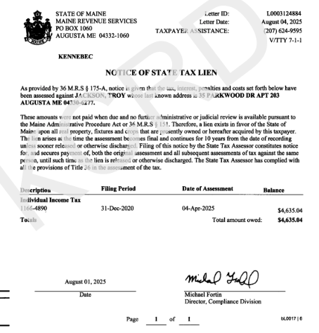 SteveRob's tweet photo. Troy Jackson has for years claimed to live in Allagash.

Why, then, did Maine Revenue Service send his lien for $4,635 in unpaid state income taxes to this condo address in Augusta last year? 🤔 https://t.co/vB3CL86SKM