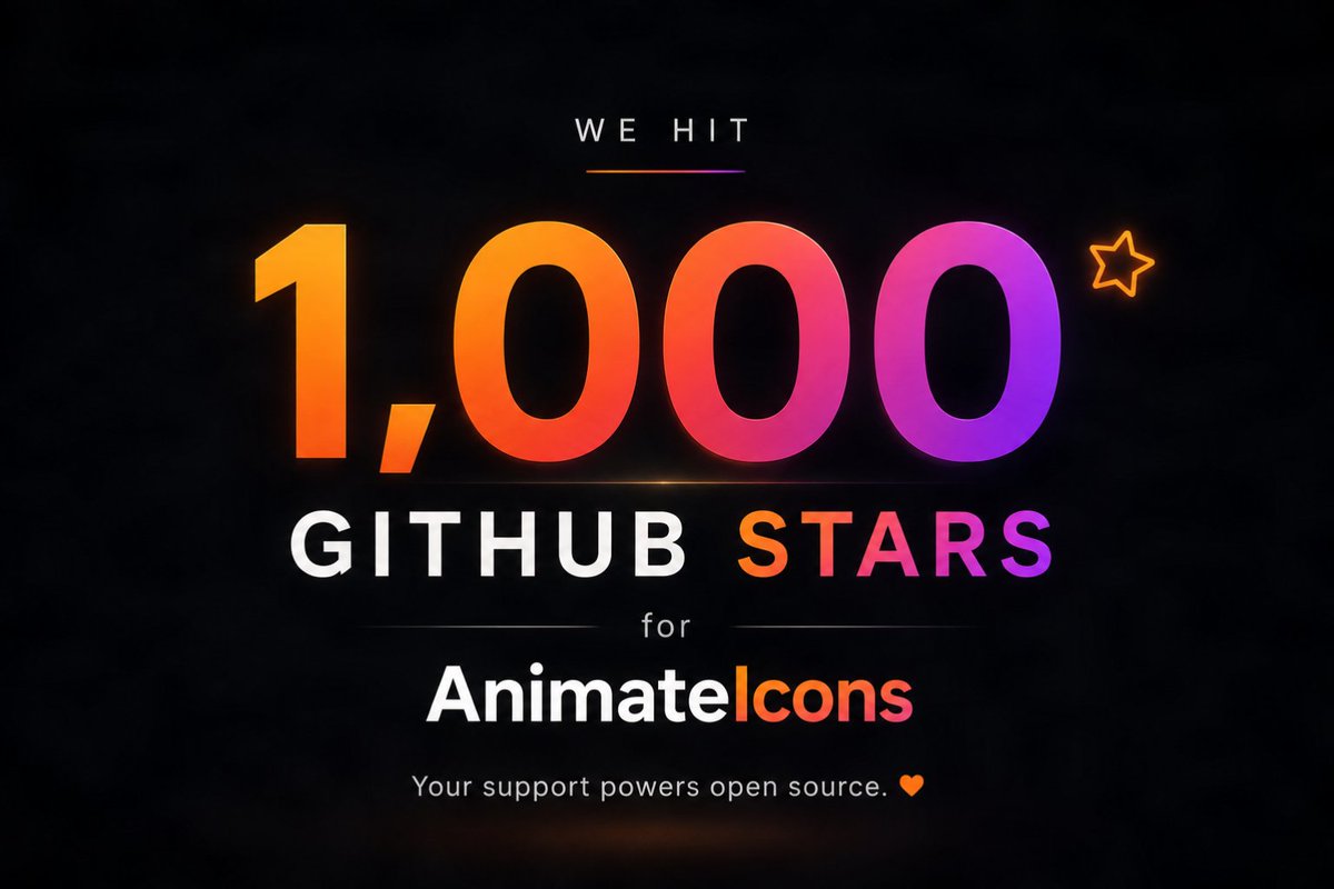 Avijit07x's tweet photo. 1,000 GitHub Stars. ⭐

Thank you to every developer who believed in AnimateIcons.

Every star, issue, PR, and suggestion helped shape this project.

On to the next milestone.

GitHub → https://t.co/pyFRVe30aj
https://t.co/owsw6LWYKI

#opensource #buildinpublic https://t.co/axLNcQ2Ydr