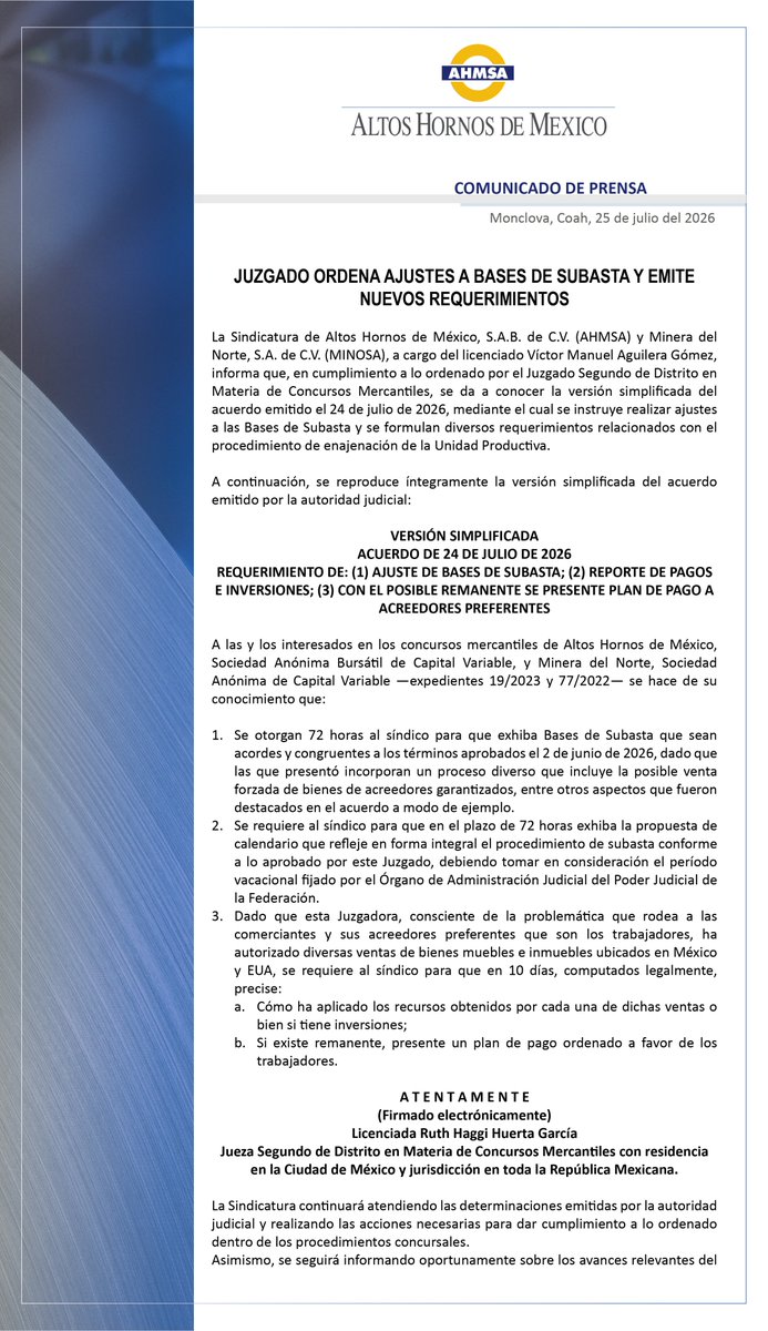 AceroAHMSA's tweet photo. Comunicado de Prensa #AHMSA https://t.co/vhGqq9uCr2