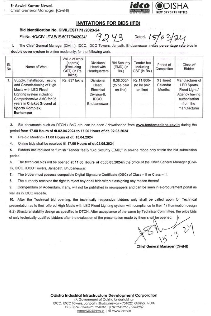 jagdishsahu9784's tweet photo. @PatnaikAmi @idco_odisha @sports_odisha @kanilkumarbjp @drpkpanigrahy @BRAHMAPURDEVEL1 @FORUMODISHA @samajalive @Sambad_English @NEWS7Odia @RPTripathy Repeated tender calls by IDCO for the same job. 

1st - dated 15.03.2024

2nd - dated 27.10.2025

3rd - dated 10.06.2026

But this time the officer CGM (Civil) as been changed to Mr. Shantanu Naik. Earlier 2 times was Mr. Aswini Biswal. 

Hope this time the job gets completed. https://t.co/Z47ieX1bcf