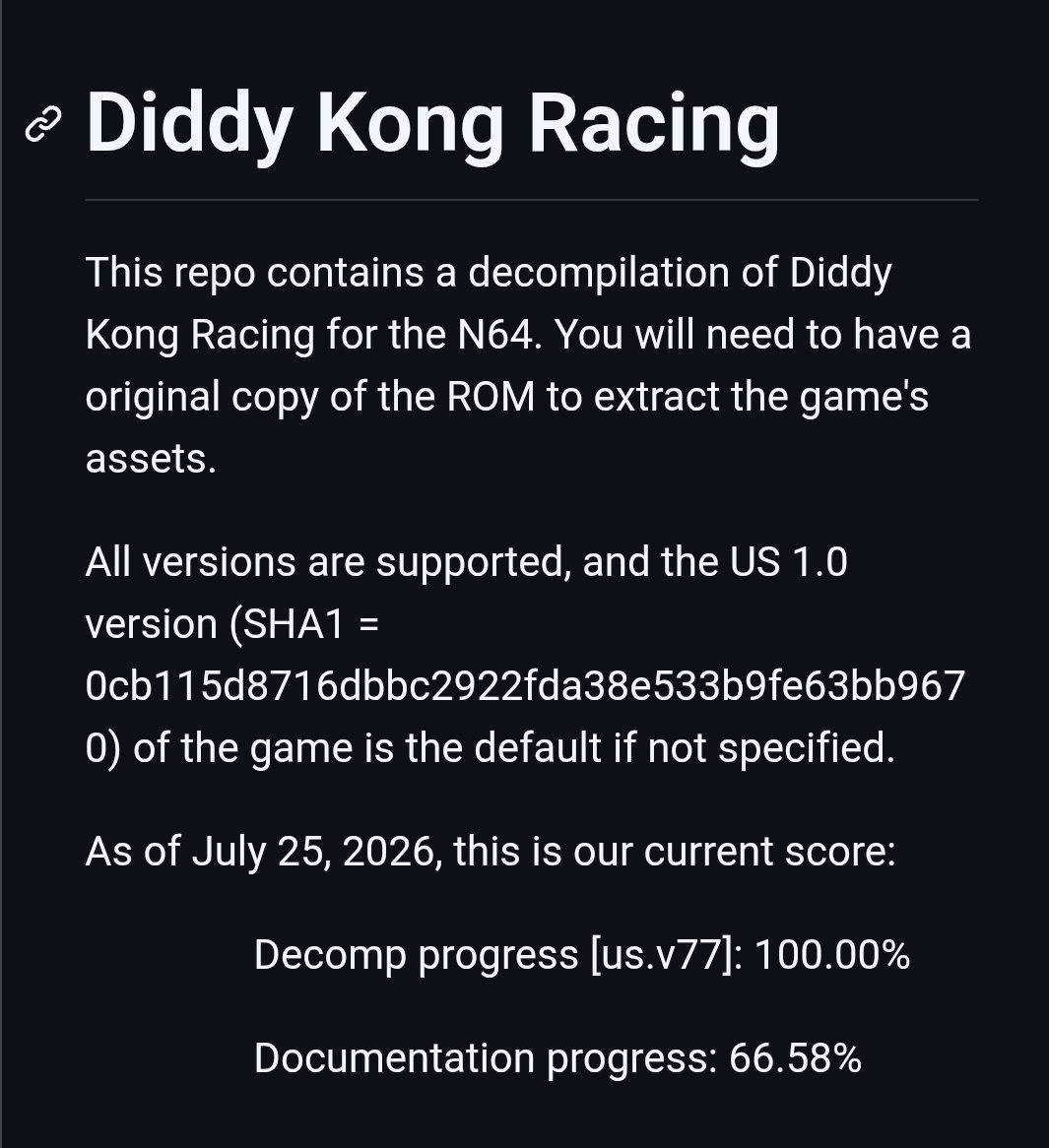 TSRStormed's tweet photo. Diddy Kong Racing has been 100% decompiled! 🎉

All functions now match, documentation still continues! 📄 https://t.co/WWqyRjT5Hz