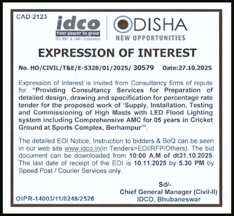 jagdishsahu9784's tweet photo. @PatnaikAmi @idco_odisha @sports_odisha @kanilkumarbjp @drpkpanigrahy @BRAHMAPURDEVEL1 @FORUMODISHA @samajalive @Sambad_English @NEWS7Odia @RPTripathy Repeated tender calls by IDCO for the same job. 

1st - dated 15.03.2024

2nd - dated 27.10.2025

3rd - dated 10.06.2026

But this time the officer CGM (Civil) as been changed to Mr. Shantanu Naik. Earlier 2 times was Mr. Aswini Biswal. 

Hope this time the job gets completed. https://t.co/Z47ieX1bcf