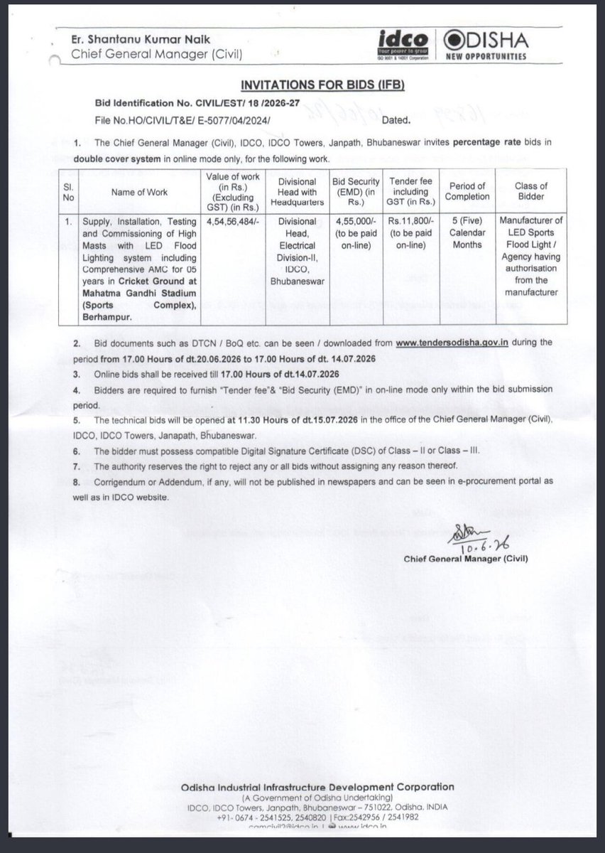 jagdishsahu9784's tweet photo. @PatnaikAmi @idco_odisha @sports_odisha @kanilkumarbjp @drpkpanigrahy @BRAHMAPURDEVEL1 @FORUMODISHA @samajalive @Sambad_English @NEWS7Odia @RPTripathy Repeated tender calls by IDCO for the same job. 

1st - dated 15.03.2024

2nd - dated 27.10.2025

3rd - dated 10.06.2026

But this time the officer CGM (Civil) as been changed to Mr. Shantanu Naik. Earlier 2 times was Mr. Aswini Biswal. 

Hope this time the job gets completed. https://t.co/Z47ieX1bcf