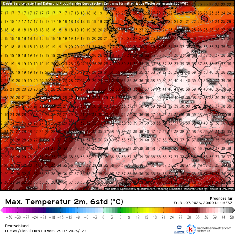 Kachelmannwettr's tweet photo. Das sind wieder Karten, wo auch wir nur noch ins Staunen kommen. Wir hatten eben Donnerstag gepostet, das wäre Freitag mit selbst im defensiven ECMWF regional 40 bis 42°C. Bitte bedenken, dass es noch keine sichere Prognose ist (Tag 5). Karten Max 6h: https://t.co/iCRMEb1KFk
/FR https://t.co/4vcjRma436