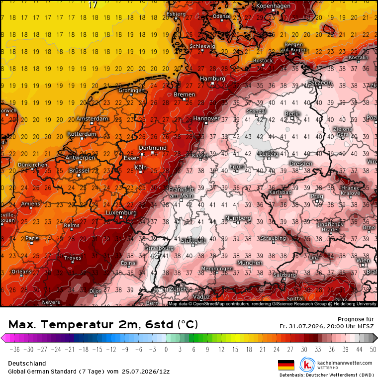 Kachelmannwettr's tweet photo. Das sind wieder Karten, wo auch wir nur noch ins Staunen kommen. Wir hatten eben Donnerstag gepostet, das wäre Freitag mit selbst im defensiven ECMWF regional 40 bis 42°C. Bitte bedenken, dass es noch keine sichere Prognose ist (Tag 5). Karten Max 6h: https://t.co/iCRMEb1KFk
/FR https://t.co/4vcjRma436