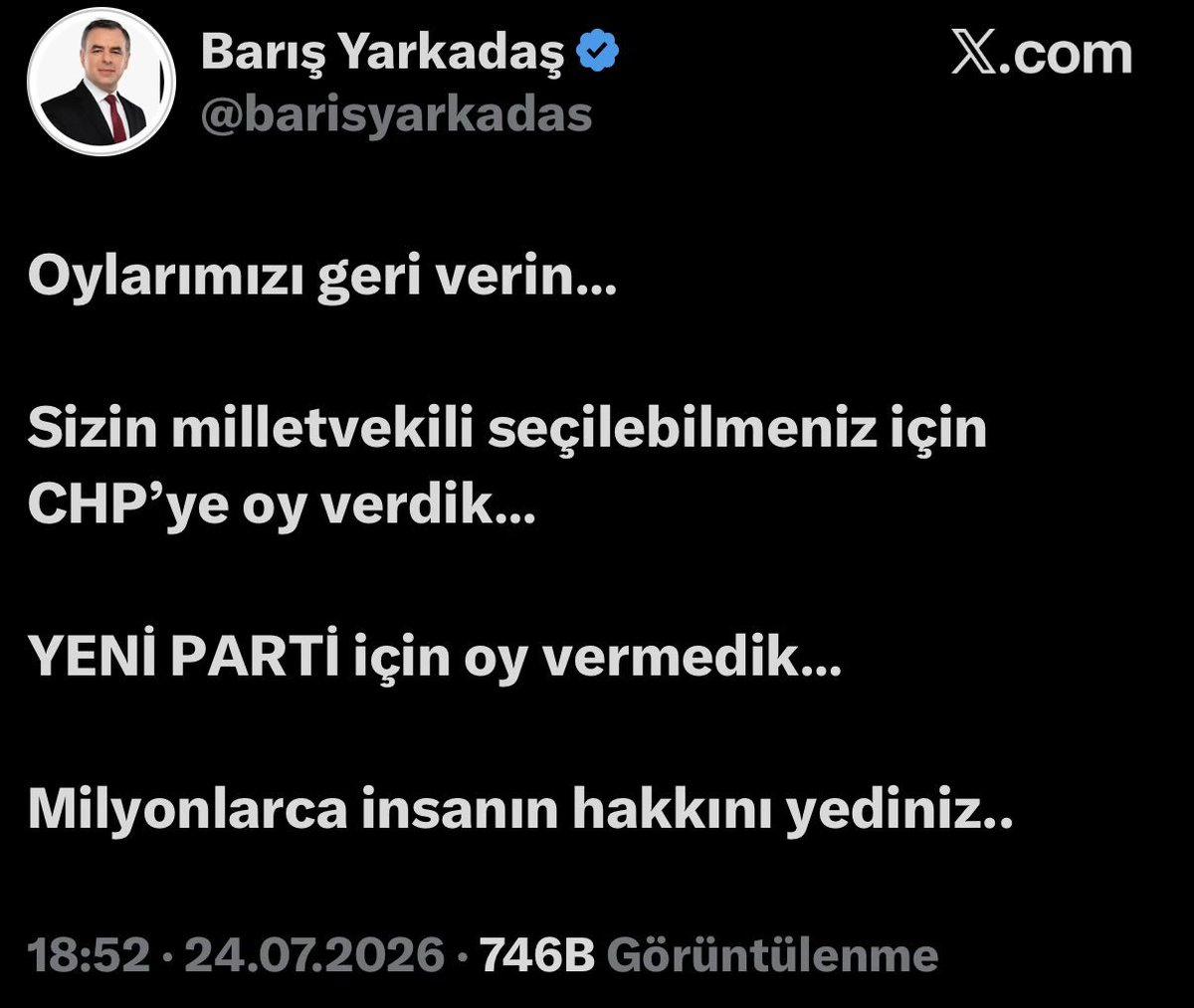 libwto's tweet photo. @barisyarkadas Acaba yeniden seçim yapılsa kaç kişi CHP'ye oy verir bi düşünün isterseniz. Benim oyum Yeni Parti'ye geçtiği için memnunum. https://t.co/jKS0kxTEYl