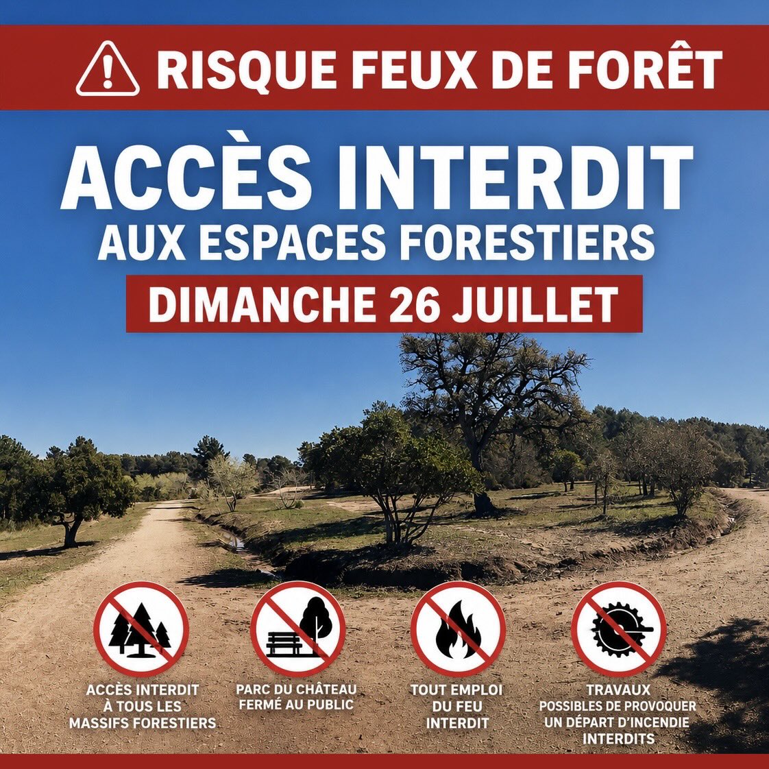 ChrisChalier's tweet photo. ⚠️ Vigilance maximale face au risque incendie.
En raison du niveau de risque « feux de forêt » classé rouge pour demain dimanche 26 juillet, l’accès à l’ensemble des espaces forestiers de Mouans Sartoux est interdit.
Le parc du Château restera également fermé au public. [1/2] https://t.co/hajkYreBHh