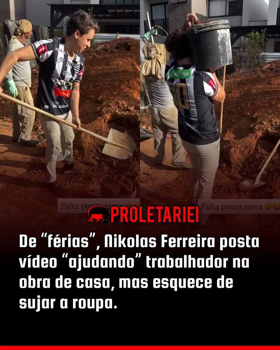 proletariei's tweet photo. Durante suas férias, o deputado Nikolas Ferreira publicou um vídeo em que aparece “ajudando” na obra de sua residência ao lado de um operário. Enquanto o profissional exibia trajes visivelmente sujos pelo esforço da função, o parlamentar vestia roupas completamente limpas. https://t.co/93tEIh61Cj