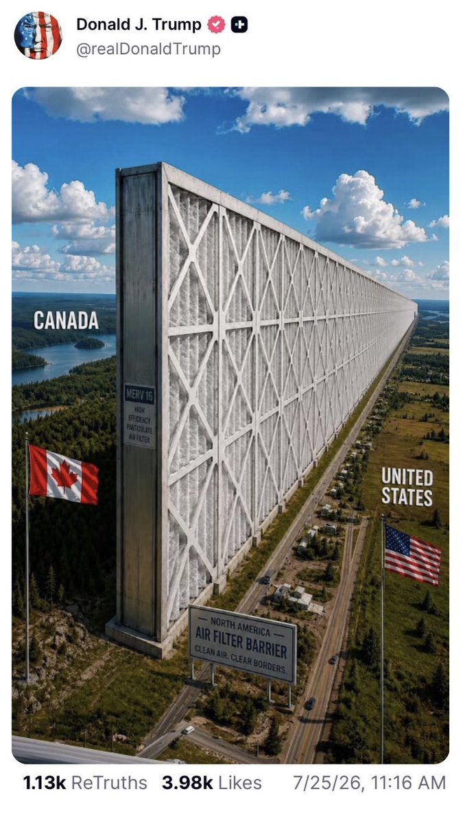 LesNews's tweet photo. Trump dévoile une représentation ia pour une « Barrière Filtre à Air » à la frontière entre les États-Unis et le Canada, au milieu des tensions croissantes concernant la fumée des feux de forêt canadiens. https://t.co/6Gt0EQtsnI