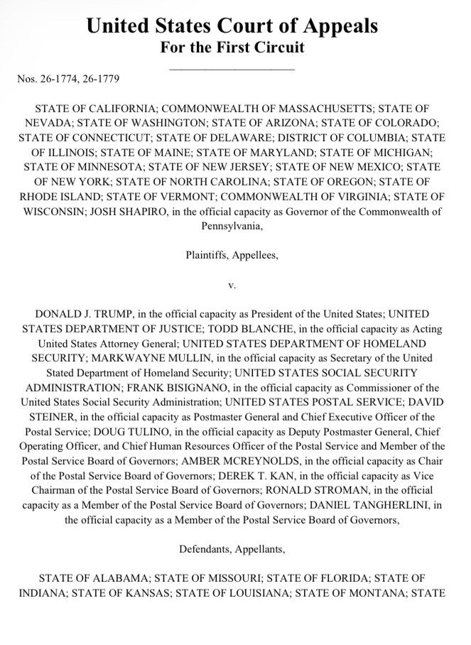DemocracyDocket's tweet photo. 🚨BREAKING: In a win for voters, the First Circuit denied the DOJ’s request to allow USPS to move forward with enacting Trump’s anti-mail voting executive order. 

The ruling, which applies to 23 blue states and D.C., comes after a lower court blocked part of the order from being implemented.