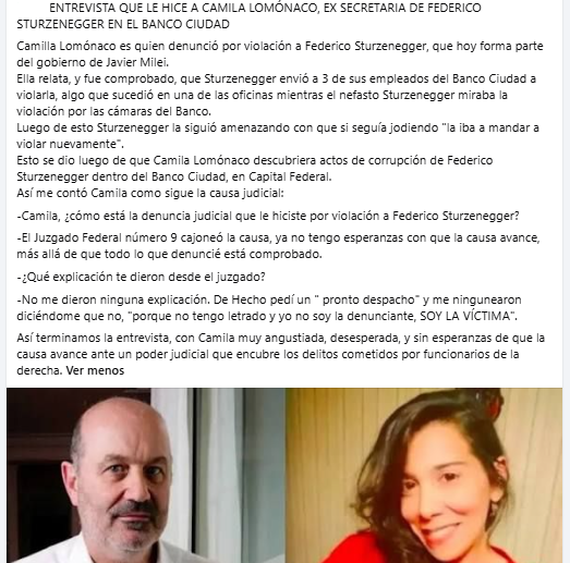 MartnPeiretti1's tweet photo. 🚨⛔️✅ Esta es la nota que le hice a Camila Lomónaco, ex Secretaria de Sturzenegguer, quien lo denunció por violación, sí, el gobierno de Javier Milei tiene entre sus filas a un denunciado por violador. Esto están encubriendo los medios de comunicación. Da mucho asco. https://t.co/2cGKTyLvlk