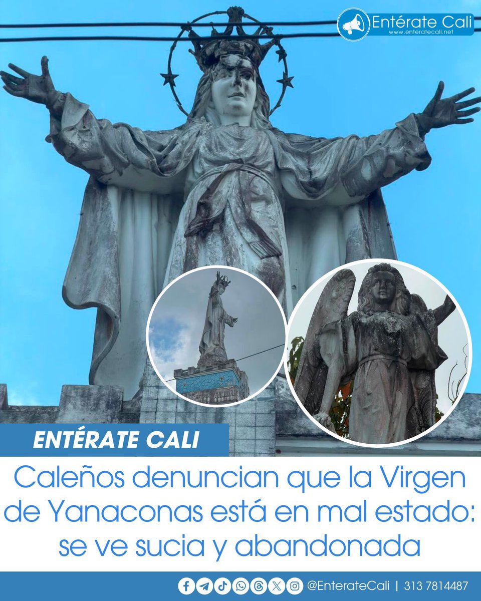 EnterateCali's tweet photo. Preocupa el estado de la Virgen de Yanaconas, según denuncias de ciudadanos que han enviado fotografías mostrando el deterioro en el monumento.

La estatua, según se aprecia en las fotografías, se ve sucia y con varias grietas, lo que la hace lucir con un aspecto abandonado y en mal estado.

Debido a ello, la Personería de Cali inspeccionó el monumento y confirmó que requerirá a la Secretaría de Cultura para adelantar medidas que garanticen la conservación y preservación de la Virgen de Yanaconas, un Bien de Interés Cultural. ⛪❤️‍🩹🔎