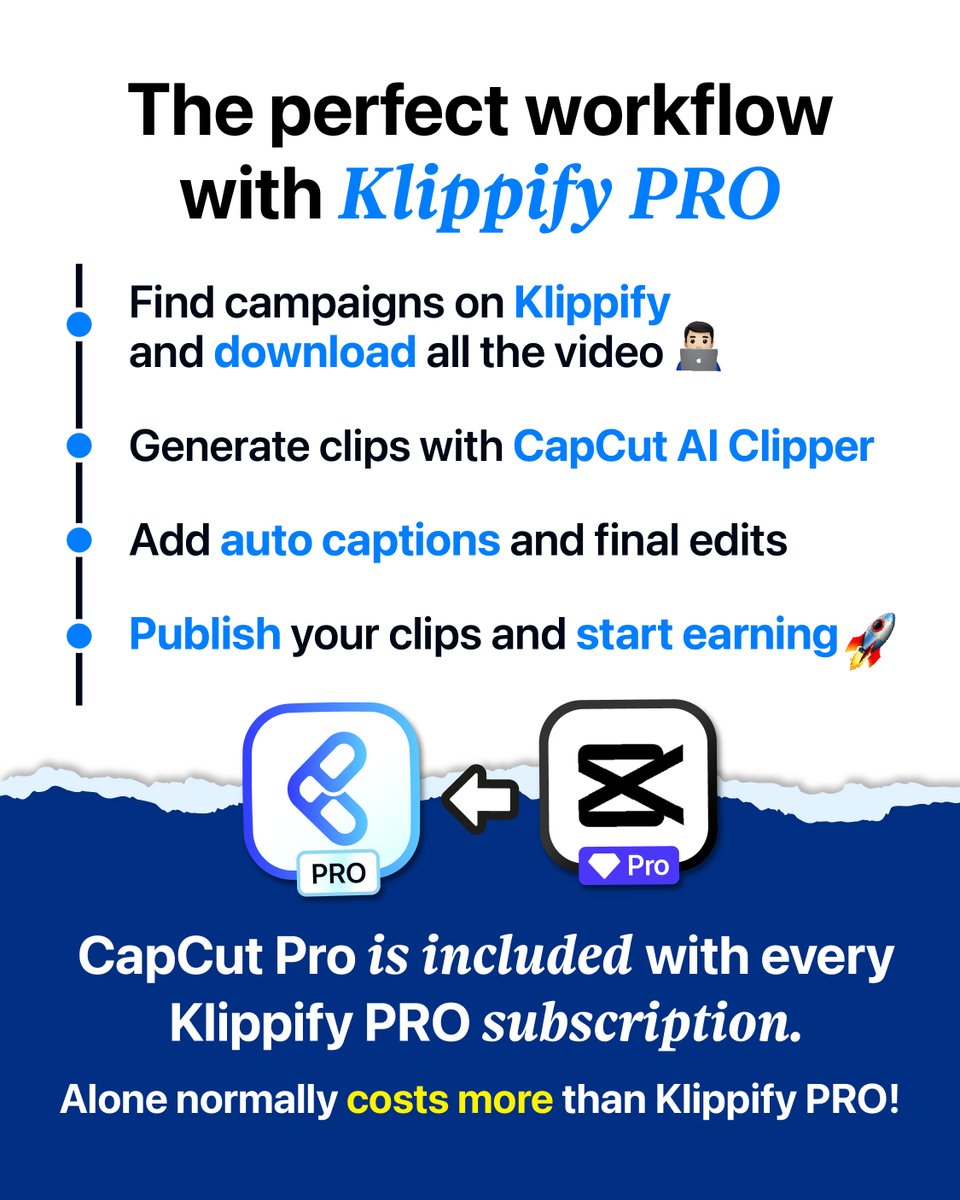 KlippifyApp's tweet photo. Most creators think clipping takes hours. Watching long videos. Looking for the best moments. Cutting. Reframing. Adding captions.

Then doing it all over again. Today, that part of the workflow can be dramatically faster. CapCut's new AI Clipper automatically identifies the most engaging moments, removes dead time, and prepares clips ready for review.

The important part?

- It doesn't replace the creator.

- It removes the repetitive work, so you can spend your time on what actually matters: refining the content, adding your personal touch, and publishing consistently.

For anyone creating content at scale, that's a meaningful shift. And if you're already using Klippify PRO, the workflow becomes even simpler:

• Download campaign videos from Klippify.

• Generate clips with CapCut AI Clipper.

• Add captions and final edits.

• Publish and start earning.

Sometimes the biggest productivity gains don't come from working faster. They come from removing work you shouldn't have been doing in the first place!