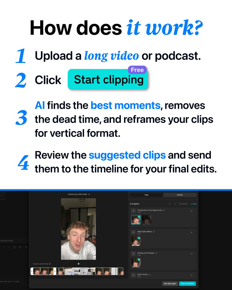 KlippifyApp's tweet photo. Most creators think clipping takes hours. Watching long videos. Looking for the best moments. Cutting. Reframing. Adding captions.

Then doing it all over again. Today, that part of the workflow can be dramatically faster. CapCut's new AI Clipper automatically identifies the most engaging moments, removes dead time, and prepares clips ready for review.

The important part?

- It doesn't replace the creator.

- It removes the repetitive work, so you can spend your time on what actually matters: refining the content, adding your personal touch, and publishing consistently.

For anyone creating content at scale, that's a meaningful shift. And if you're already using Klippify PRO, the workflow becomes even simpler:

• Download campaign videos from Klippify.

• Generate clips with CapCut AI Clipper.

• Add captions and final edits.

• Publish and start earning.

Sometimes the biggest productivity gains don't come from working faster. They come from removing work you shouldn't have been doing in the first place!