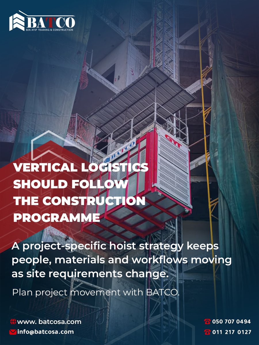 batcosa's tweet photo. Construction hoists should be engineered around the project not just the building.

BATCO develops vertical logistics solutions based on travel speed, capacity, workforce movement and construction sequencing.

Move the project, not just the load. https://t.co/iXd5I6ozm9