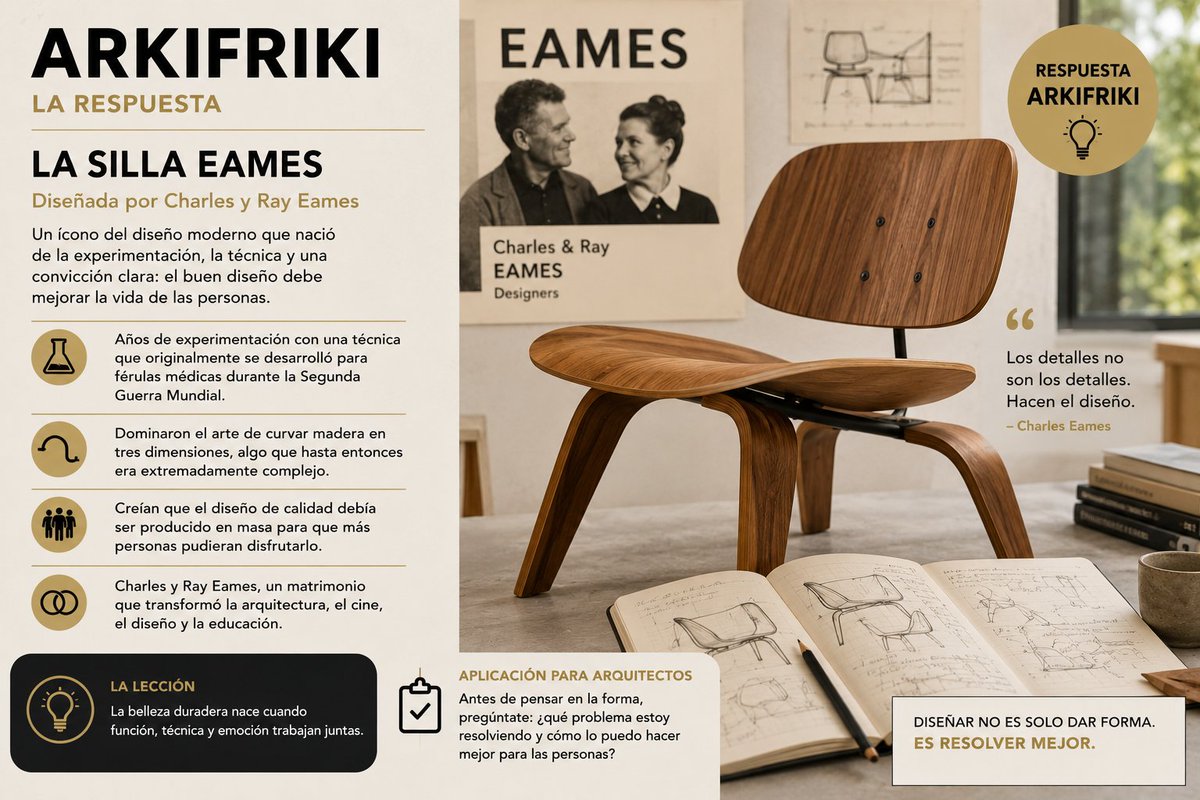 Arqeochoa's tweet photo. La respuesta del #Arkifriki era la Silla Eames. 🪑

No se volvió un ícono por su forma, sino por su proceso: años de experimentación para lograr que función, técnica y emoción trabajaran juntas.

Una gran lección.

📖 Historia completa:https://t.co/BhFVFIXQJq https://t.co/OPl96WNQ67