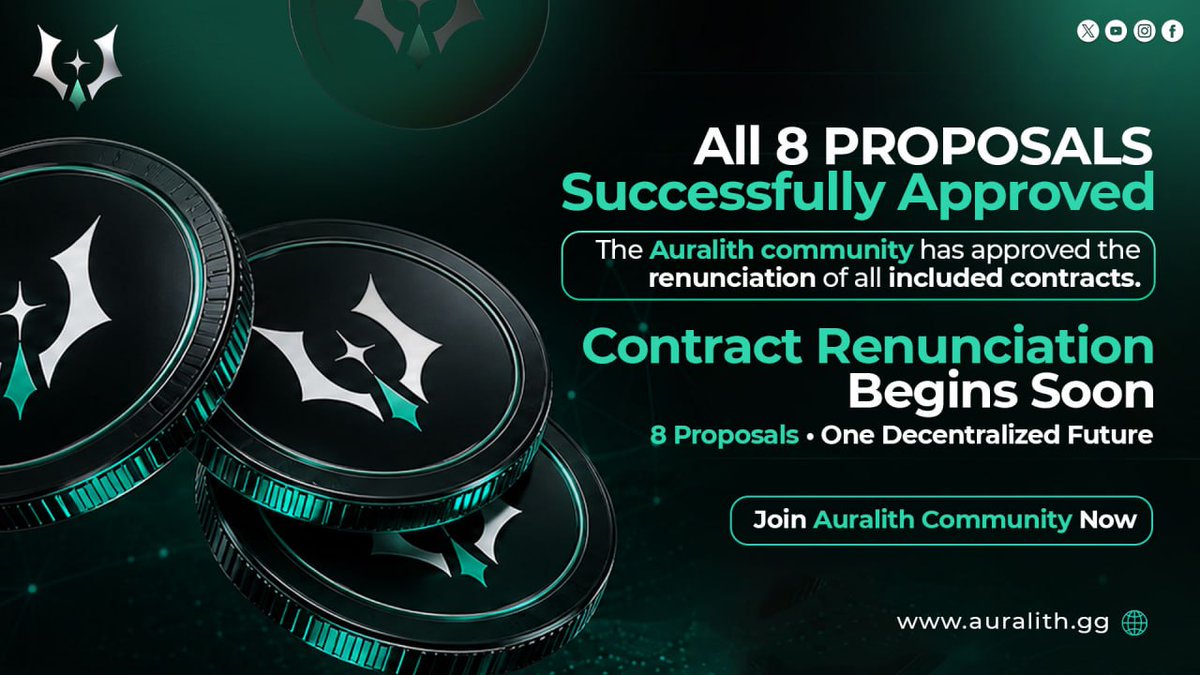 Auralith_gg's tweet photo. A MAJOR GOVERNANCE MILESTONE HAS BEEN REACHED.

🔓 8 Governance Proposals
✅ Community Approved

Contract Renunciation Begins Soon. 

🗣The Auralith community has spoken.

📄 All eight governance proposals have received approval, paving the way for the next phase of the protocol's governance roadmap.

This milestone reflects the community's participation in shaping the future of the ecosystem and represents another step in Auralith's decentralized governance journey.

8 Proposals. One Community.

THE NEXT CHAPTER OF AURALITH BEGINS.

✅ https://t.co/dFDJMFKPSb
🤖 https://t.co/2B4tp0NCJi 

One Autonomous Future.

#Auralith #AAO #Governance #Blockchain #Web3 #SmartContracts #Decentralization #CommunityGovernance #OnChain #Crypto #Polygon #BlockchainInnovation #FutureTech #Web3Community #DigitalInfrastructure