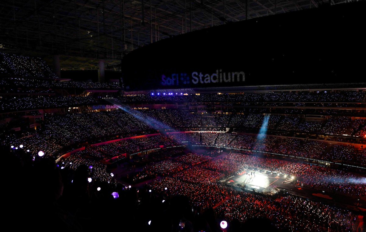 ARIRANGWT's tweet photo. Top 10 most attended concerts in the US by Asian acts so far (reported shows only):

1. #BTS_ARIRANG in Tampa: Raymond James Stadium (64,7K), April 26, 2026.

2. #BTS_ARIRANG in Tampa: Raymond James Stadium (64,7K), April 25, 2026.

3. #BTS_ARIRANG in Tampa: Raymond James Stadium (64,7K), April 28, 2026.

4. #BTS_ARIRANG in Las Vegas, Allegiant Stadium (61,4K), May 23, 2026

5. #BTS_ARIRANG in Las Vegas, Allegiant Stadium (61,4K), May 24, 2026

6. #BTS_ARIRANG in Las Vegas, Allegiant Stadium (61,4K), May 27, 2026

7. #BTS_ARIRANG in Las Vegas, Allegiant Stadium (61,4K), May 28, 2026

8. #LoveYourself_Tour in Pasadena: Rose bowl (56,5K), May 4, 2019

9. #LoveYourself_Tour in Pasadena: 
Rose bowl (56,5K), May 5, 2019

10. #PermissionToDance_On_Stage in Los Angeles: Sofi Stadium (53,7K), December 1, 2021

BTS is the only Asian act to sell 50K+ tickets for a single concert in the US, based on reported shows (Via TouringData)

#BTS_WORLDTOUR_ARIRANG #BTS #BTS_WORLDTOUR_ARIRANG_TAMPA #BTS_WORLDTOUR_ARIRANG_LASVEGAS #BTS_WORLDTOUR_NA