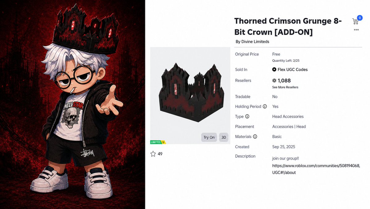 raedimsblox's tweet photo. Thorned Crimson Grunge 8-Bit Crown [ADD-ON]

Crown grunge merah FREE! 🖤🩸 Thorned Crimson Grunge 8-Bit Crown by Divine Limiteds, wajib join group dulu! Stock tinggal 2/25, super langka, buruan join sekarang!

#roblox #robloxindonesia #raedims #ugcfree #ugclimited https://t.co/hBih1kQ1nE