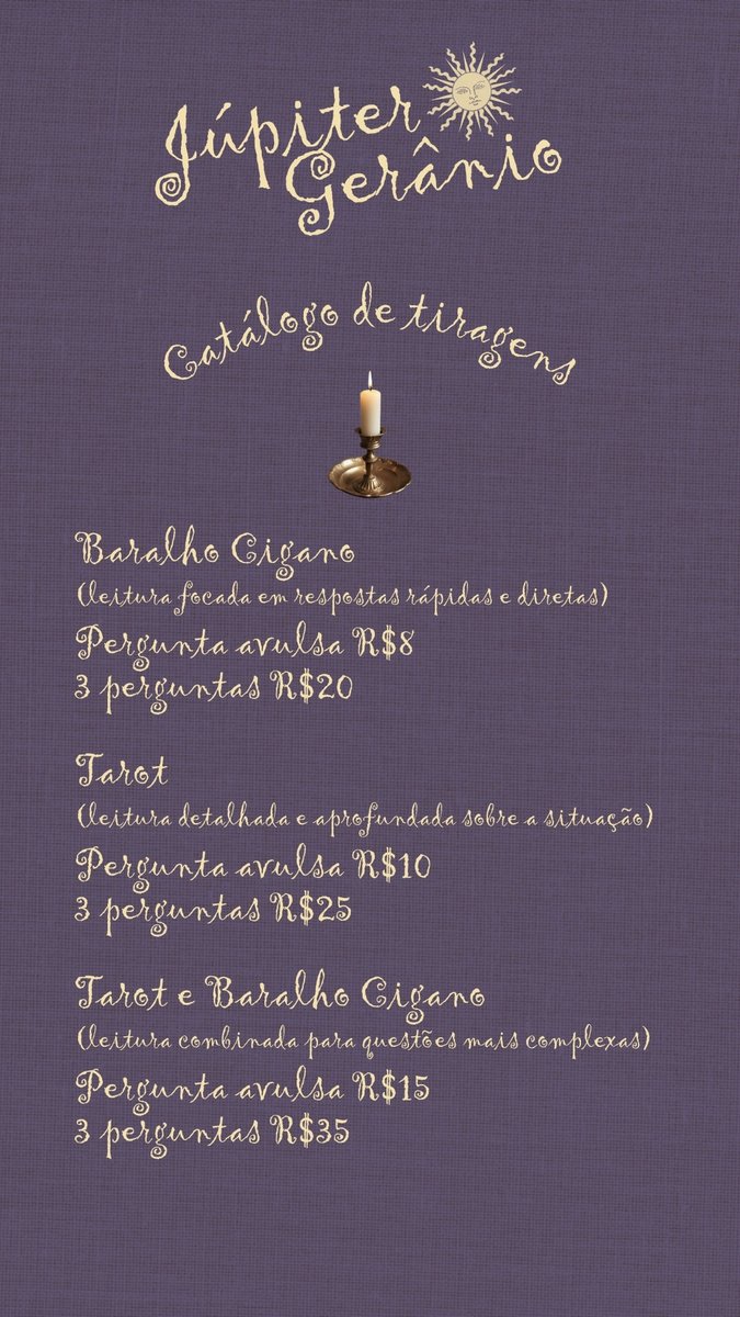 jupitermancia's tweet photo. bom dia, mesa aberta com atendimento imediato até 12h!

em breve farei um reajuste nos valores da minha tabela então aproveitem até lá, por enquanto, leituras a partir de R$8,00! 

tiragens no tarô e baralho cigano 

contato: https://t.co/RtRYarqWDv https://t.co/gqCFtbeGja