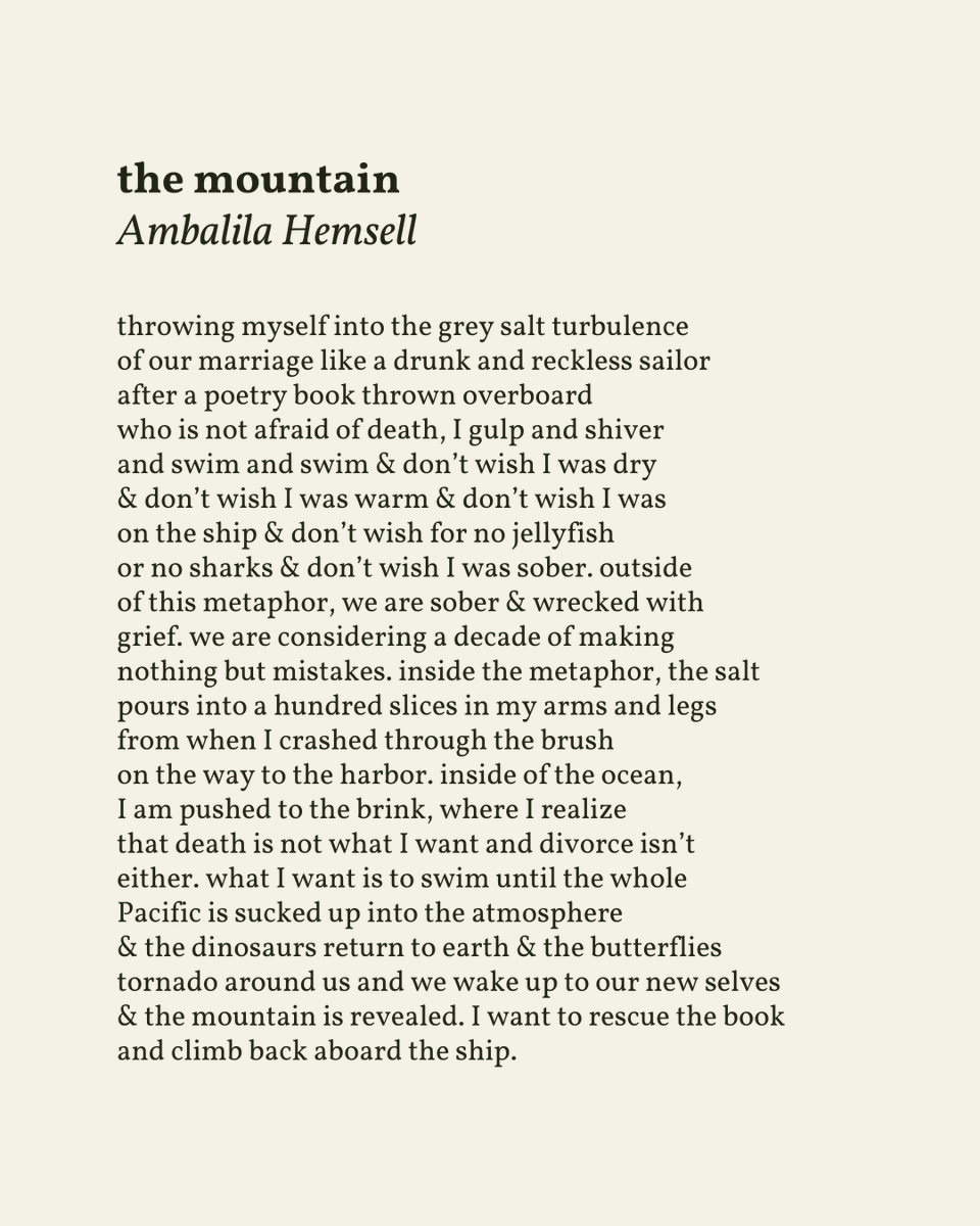 readalittlepoem's tweet photo. "inside of the ocean, / I am pushed to the brink, where I realize / that death is not what I want and divorce isn’t / either."

— Ambalila Hemsell

.
.
.

This poem appeared in The Rumpus, 2022. Shared here with deep gratitude. https://t.co/jCDRTiAfd3
