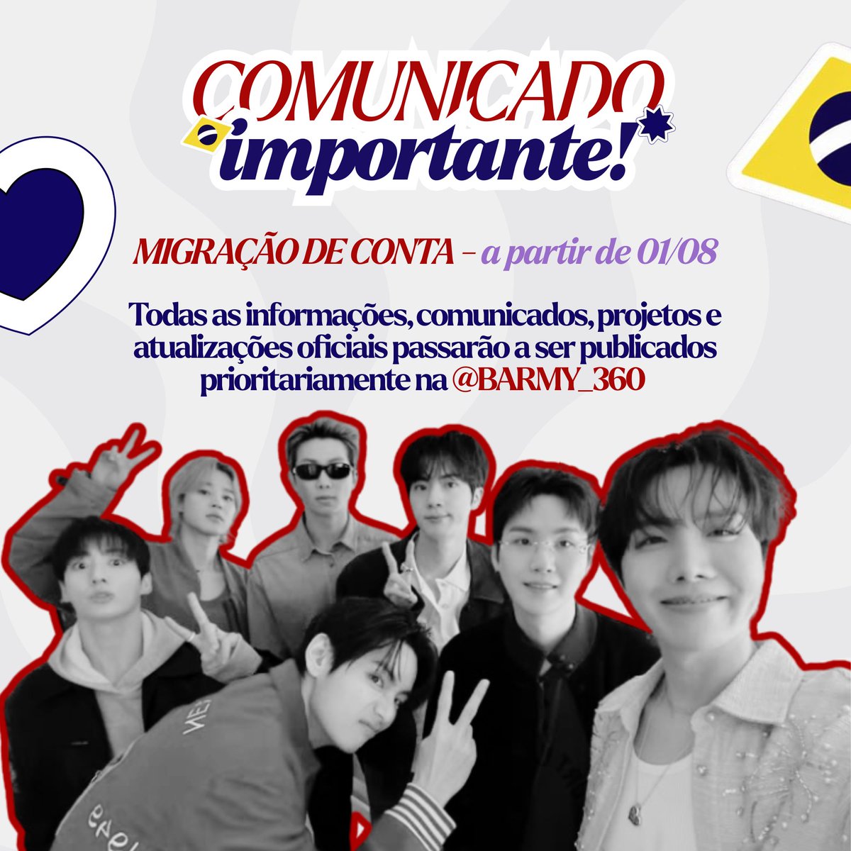 itsjeonjm's tweet photo. 🚨 COMUNICADO IMPORTANTE

Conforme anunciado anteriormente, a partir de 1º de agosto, a @BARMY_360 passará a ser o principal canal de comunicação da B-ARMY360. É lá que vocês encontrarão todos os comunicados, projetos, atualizações e informações oficiais.

A conta @itsjeonjm, pertencente à Cami, idealizadora e criadora da B-ARMY360, foi utilizada temporariamente para impulsionar o projeto em sua fase inicial, aproveitando o alcance e o alto engajamento que a conta já tinha.

Agora, com o encerramento das votações dos hand banners e o foco voltado principalmente para as rifas, doações e demais ações do projeto, a comunicação oficial passa a ser centralizada na @BARMY_360, enquanto a @itsjeonjm volta a seguir normalmente como o fã-clube pessoal da Cami.

Agradecemos imensamente todo o apoio recebido até aqui. A divulgação realizada por meio da @itsjeonjm foi essencial para que conseguíssemos alcançar milhares de ARMYs e dar vida à B-ARMY360.

Nos vemos na nossa casa oficial: @BARMY_360. ✨💜