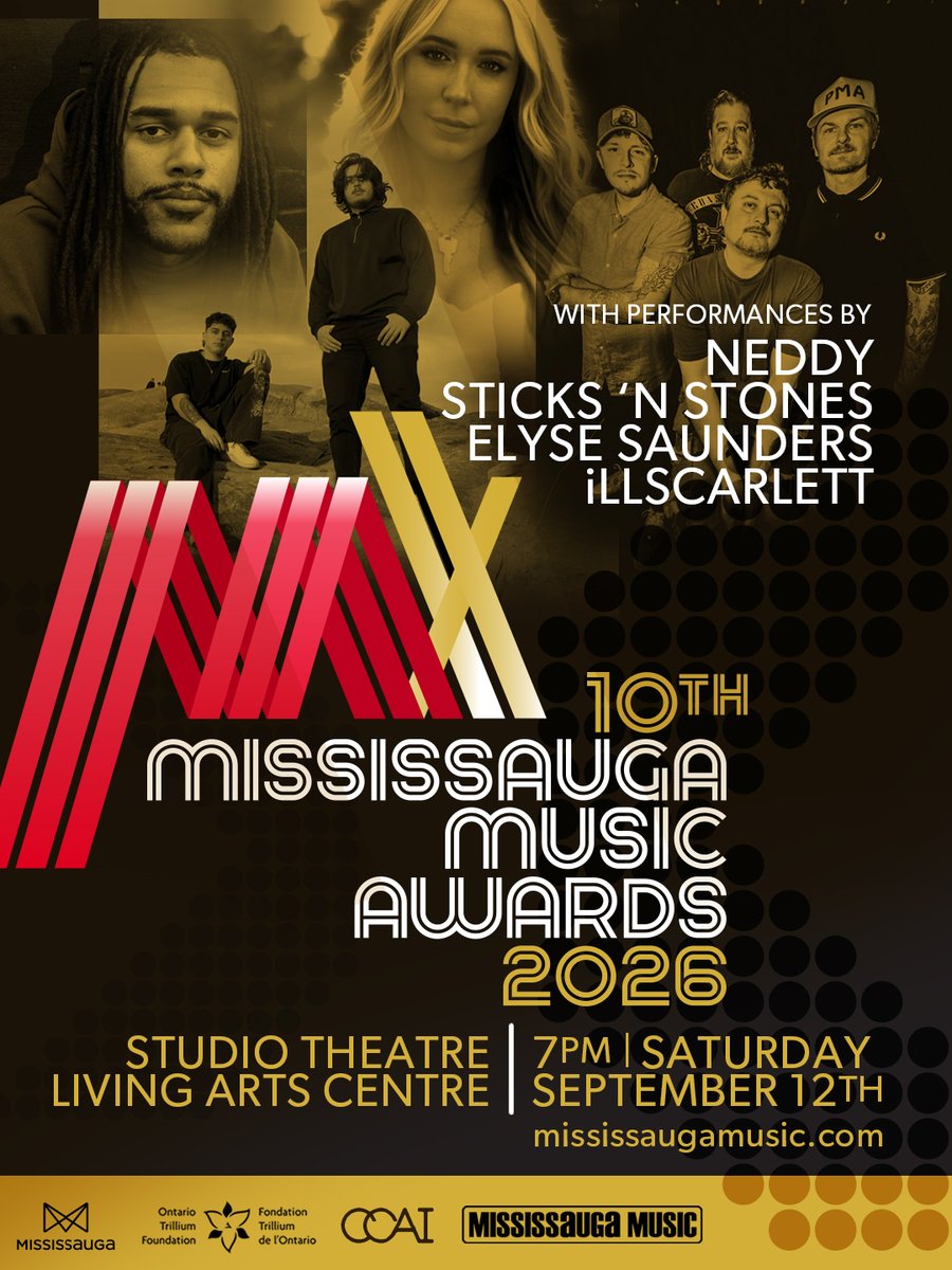 Mississauga_M's tweet photo. MISSISSAUGA MUSIC AWARDS are back SEP 12!
Our 10th year features performances by @neddywp, #SticksNStones, @Elyse_Saunders & @illscarlett along with 17 award categories!
TICKETS: https://t.co/64K6F2i0kU
Thanks to our supporters @citymississauga @ONTrillium & #CCAI. https://t.co/v5Gh7ZRBpf