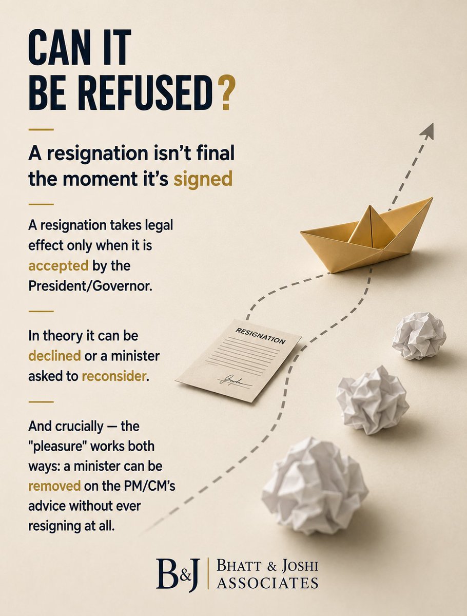 BandJAssociates's tweet photo. What happens after a resignation?
The Constitution is only part of the story.
Many of the most important consequences arise from constitutional conventions, judicial observations, and statutory provisions.

• Caretaker governments
• Whether a resignation can be refused
• When the law itself removes a minister from office
• Constitutional morality and the ethics of resignation
The distinction between constitutional text and constitutional practice is often where the most interesting questions arise. #ConstitutionOfIndia
#ConstitutionalLaw
#IndianConstitution
