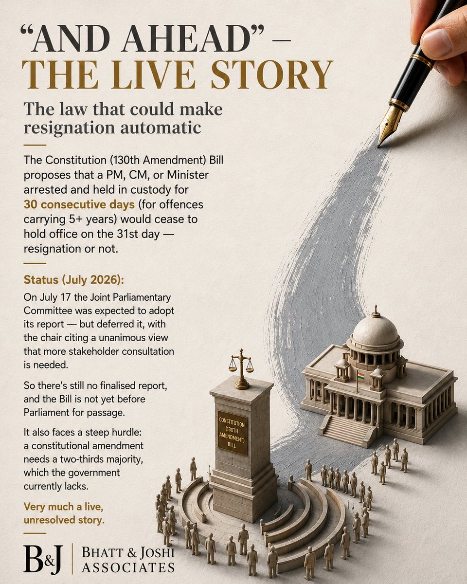 BandJAssociates's tweet photo. Can Parliament make resignation automatic?
The proposed Constitution (130th Amendment) Bill seeks to introduce a significant constitutional change.
If enacted, certain ministers held in custody for a prescribed period could automatically cease to hold office without tendering a resignation.
The proposal remains under consideration and continues to raise important constitutional questions regarding accountability, democratic governance, and institutional safeguards.
The final two slides examine the proposal, its current legislative status, and the broader constitutional debate.
#ConstitutionOfIndia
#ConstitutionalLaw
#IndianConstitution