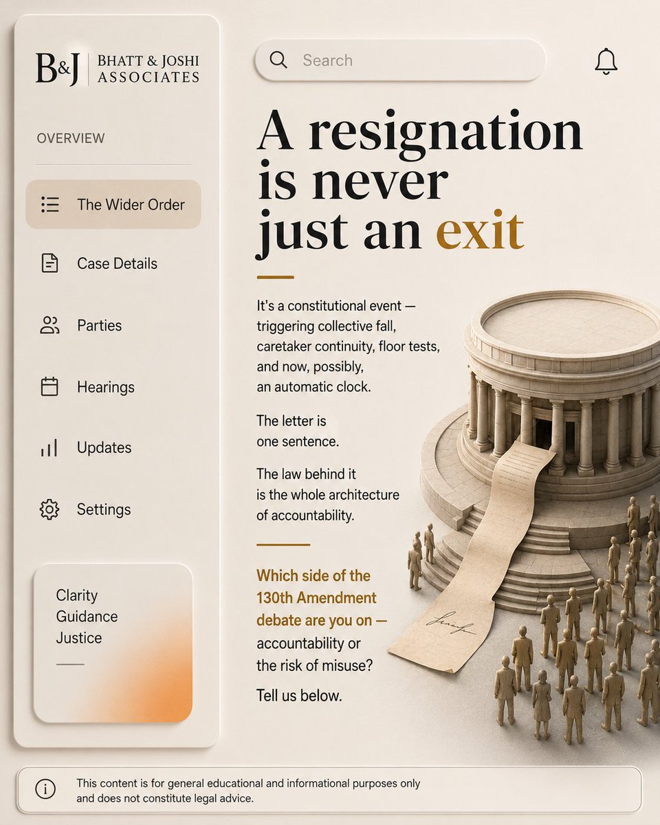 BandJAssociates's tweet photo. Can Parliament make resignation automatic?
The proposed Constitution (130th Amendment) Bill seeks to introduce a significant constitutional change.
If enacted, certain ministers held in custody for a prescribed period could automatically cease to hold office without tendering a resignation.
The proposal remains under consideration and continues to raise important constitutional questions regarding accountability, democratic governance, and institutional safeguards.
The final two slides examine the proposal, its current legislative status, and the broader constitutional debate.
#ConstitutionOfIndia
#ConstitutionalLaw
#IndianConstitution