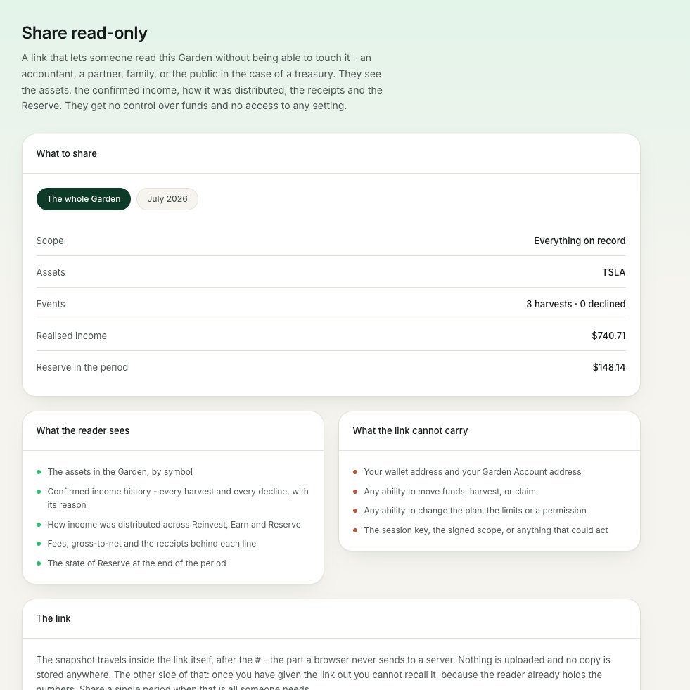 DividendsGarden's tweet photo. New update for Dividend Garden - Read-Only Garden Share.

You can now create a read-only link to a specific Garden or a single reporting period.

Whoever opens it can see the asset structure, the history of confirmed income, the distribution, the receipts and the Reserve state - but can't move funds or change any settings.