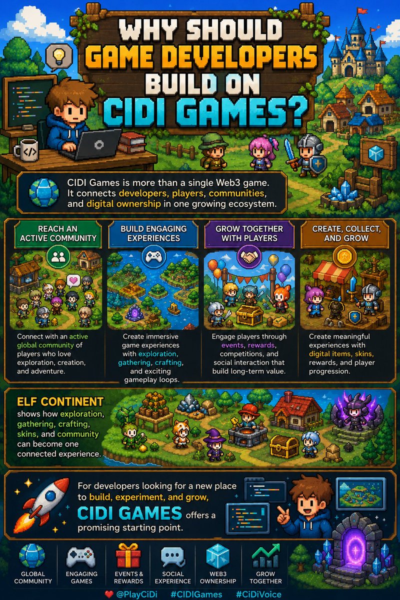 CidiElfPlayer's tweet photo. WHY GAME DEVELOPERS SHOULD PAY ATTENTION TO CIDI GAMES

This post reflects my personal interpretation based on the official Pi Network whitepaper, public information, and my experience playing ELF Continent.

Many developers may see Pi Network as only a cryptocurrency project. However, Pi aims to build a utility-driven ecosystem where developers, users, applications, digital goods, and economic activity can grow together.

For game developers, one of the greatest challenges is not only creating a good game, but finding and retaining users.

Pi’s developer ecosystem can help applications reach an existing global community through web-based access, the Pi SDK, and shared Web3 infrastructure.

This is where CIDI Games becomes interesting.

CIDI Games has the potential to connect game developers with the wider Pi ecosystem, while ELF Continent already shows what a connected game economy can look like.

Players farm, gather, mine, craft, explore, complete events, collect skins, develop characters, and interact with the community. These activities connect gameplay with progression, rewards, digital items, identity, and social participation.

The Pi whitepaper explains that app-usage rewards were designed partly to increase exposure for developers. The ecosystem may bring users to an app, but whether they stay depends on product quality, usefulness, and enjoyment.

Pi Open Network launched on February 20, 2025, allowing the ecosystem to connect with the broader external world. For developers, this means Pi is no longer only preparing for an open ecosystem—it is operating in one.

CIDI Games may provide a focused entry point for developers who want to experiment with Web3 games without starting from an empty community.

Of course, no platform guarantees success. Developers still need compelling gameplay, reliable technology, balanced economies, fair rewards, and long-term content.

But early ecosystems offer a valuable opportunity: developers can test ideas, listen to players, influence emerging standards, and grow with the community.

My experience with ELF Continent began as simple gameplay, but gradually became a connected journey of farming, gathering, crafting, treasure hunting, skin collection, events, progression, and community.

That is why I believe developers who have never considered Pi should take a closer look at CIDI Games.

Not because everything is already complete, but because the foundations are visible:

• a global community  
• a utility-driven ecosystem  
• developer tools and SDK access  
• digital items and progression  
• events, rewards, and social interaction  
• opportunities to test new Web3 game models  

What could developers build when players, community, utility, digital identity, and an emerging economy are already connected?

CIDI Games may be one promising place to explore that answer.

Build. Experiment. Listen to players. Create real utility. Grow together.

@PlayCiDi #CIDIGames #CiDiVoice