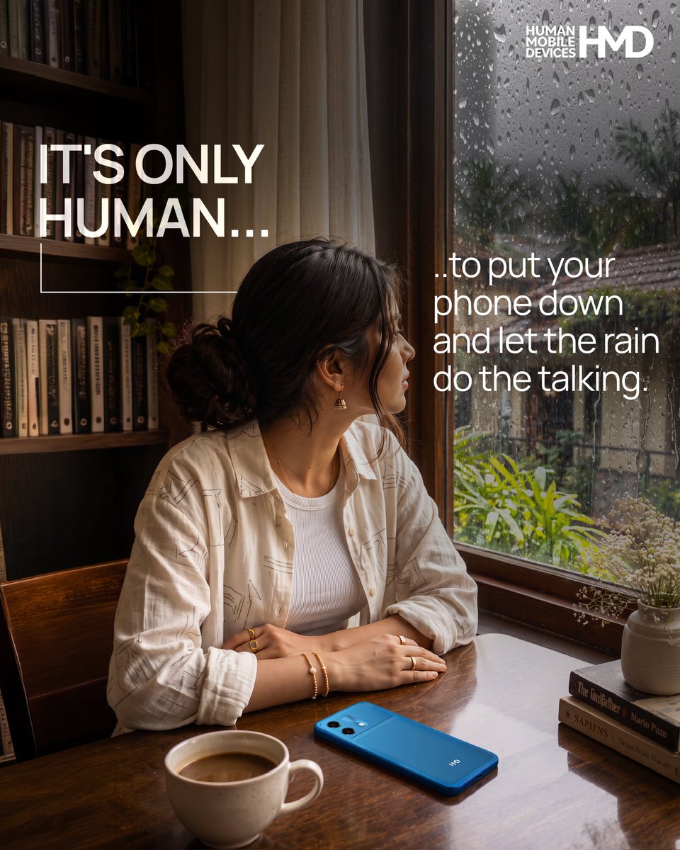 HMDdevicesIN's tweet photo. Some moments don’t need a screen… just a window and the sound of rain. 🌧️
When you finally put your phone down and let the world slow down a little.
It’s Only Human.
#HMD #HMDIndia #ItsOnlyHuman #MonsoonMoments #SlowLiving
(HMD India, monsoon vibes, slow moments, digital detox, rainy day mood, peaceful living, cozy corners, everyday pause, mindful moments, human moments, calm aesthetic, lifestyle content)