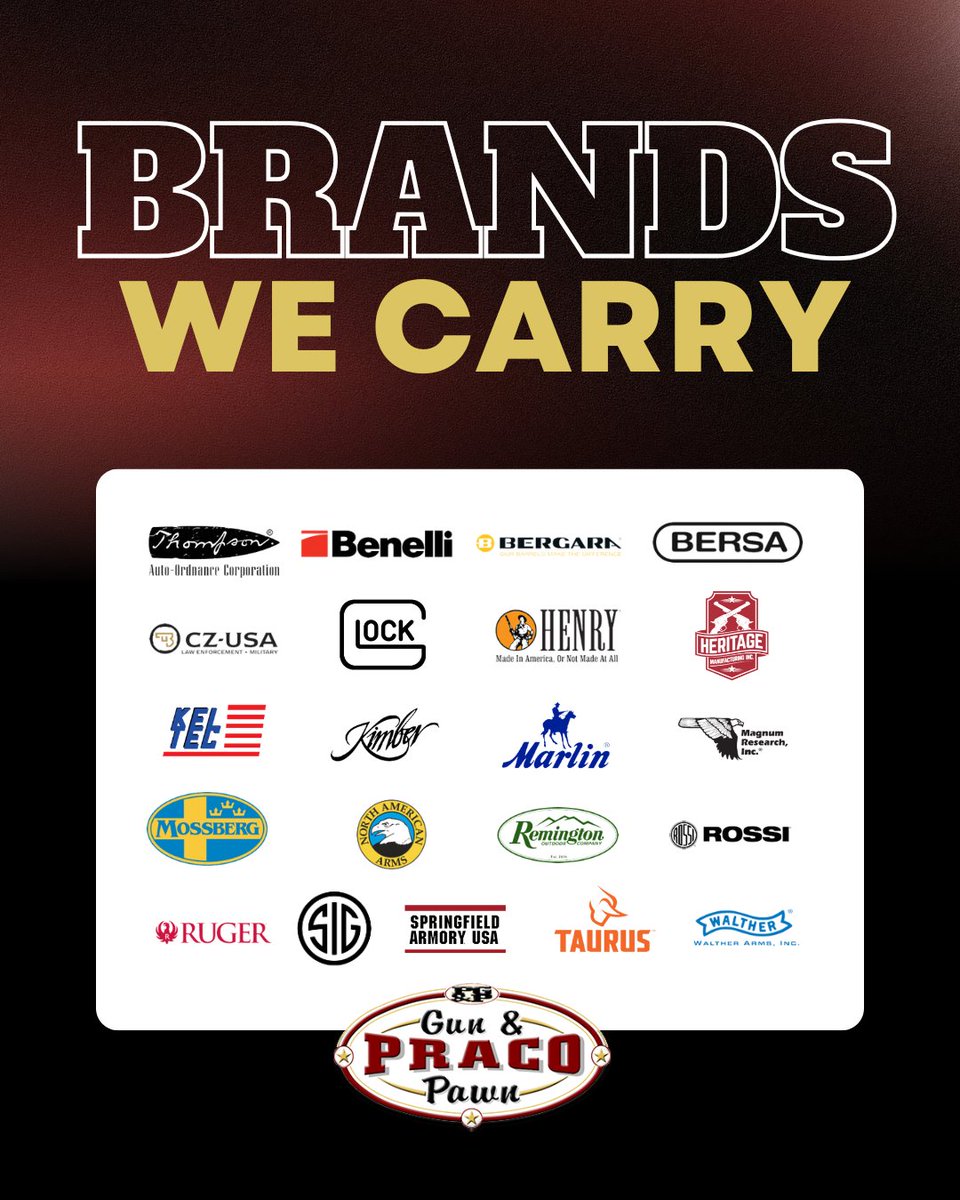 PracoGunPawn's tweet photo. Looking for trusted firearm brands? We carry a variety of popular manufacturers to help you find the right fit for your needs. Visit Praco Gun &amp; Pawn and explore our selection in store. https://t.co/QVQM3n3oX5