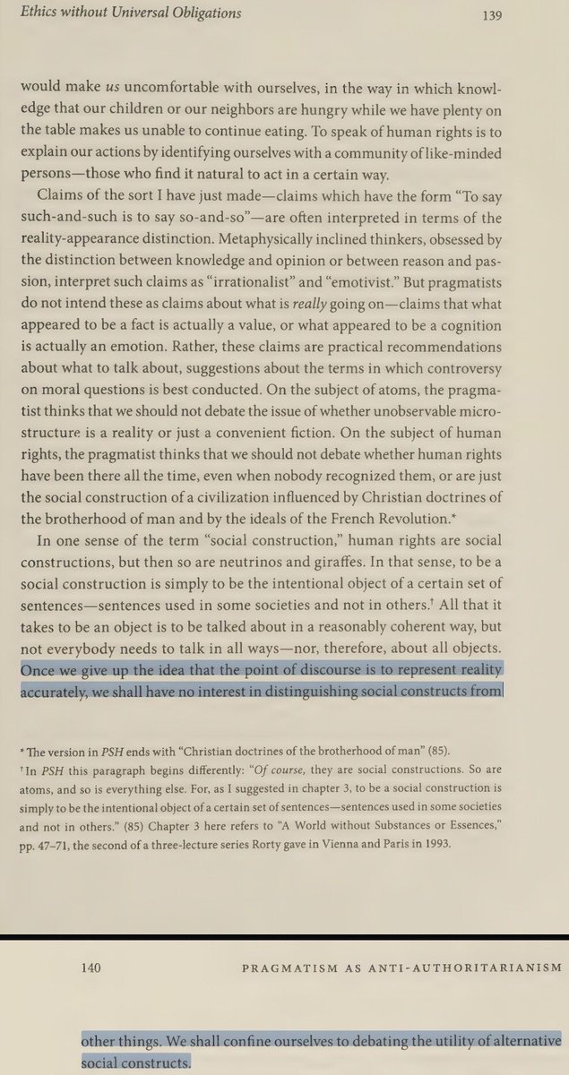 RortyQuotes's tweet photo. Once we give up the idea that the point of discourse is to represent reality accurately, we shall have no interest in distinguishing social constructs from other things. We shall confine ourselves to debating the utility of alternative social constructs.
PasAA p.139
#Upayas https://t.co/dp5m95MhcX
