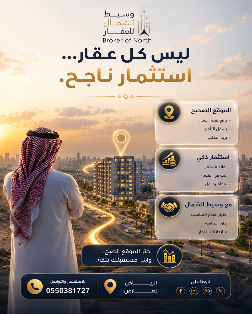 brokerofnorth's tweet photo. اختيار العقار المناسب يعتمد على:
✔ الموقع. ✔ النمو المستقبلي. ✔ الطلب. ✔ العائد المتوقع.
خبرتنا تساعدك تتخذ القرار الصحيح قبل الشراء.
#استثمار_عقاري #عقار_الرياض #وسيط_الشمال https://t.co/gCZIR3Hues