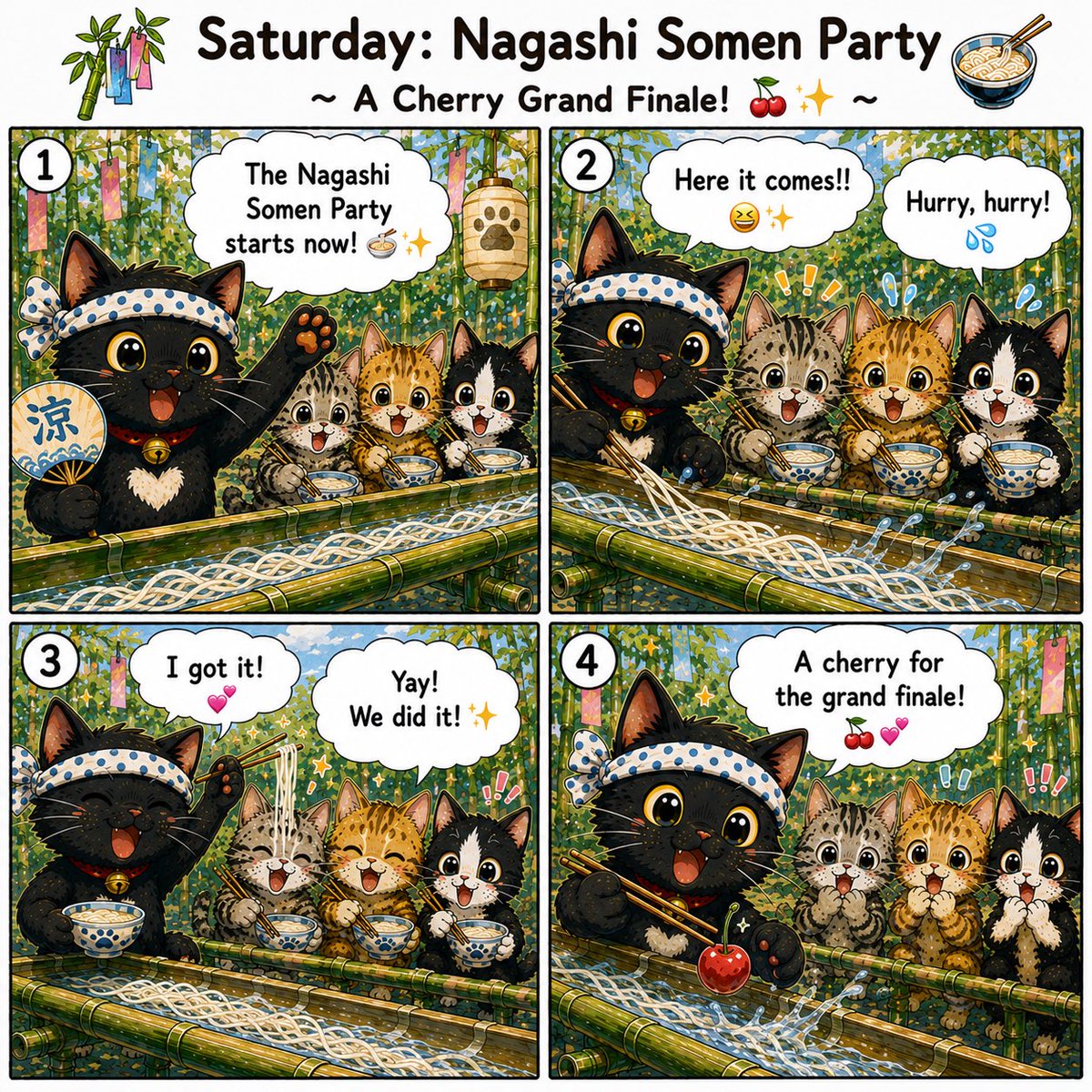 jun_blair_melon's tweet photo. Good meowning! 🎋🍜🐈‍⬛ 🐾 The Nagashi Somen party was a success! ✨ Even the cherry made it to the finish line! 🍒💕

#Kuro #BlackCat #CatComic #NagashiSomen #Cherry #CatLovers https://t.co/uENZ7xjmn3