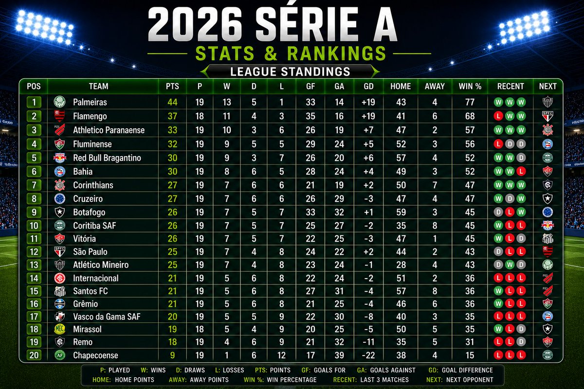 KachingVIP's tweet photo. Round 20 of the 2026 Brasileirão Série A is here! 🇧🇷 

Over the next 48 hours, all 20 teams are in action across 10 massive matches from July 26–27, 2026 

📈Check out the current standings in the image below. Which match are you looking forward to?👇
#Brasileirão #KachingVIP #ÉoBrasileiro