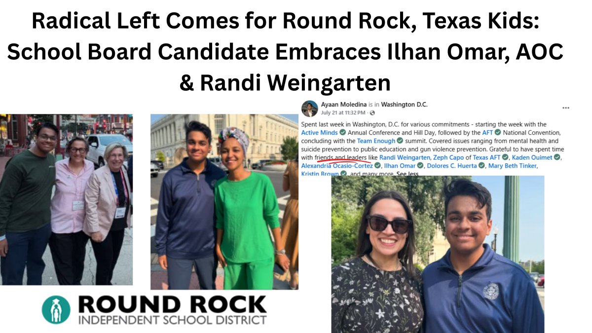 drbone4tx's tweet photo. The radical left is coming for your children in Round Rock ISD in Texas.

Woke school board candidate Ayaan Moledina spent last week in D.C. with Randi Weingarten, AOC, and Ilhan Omar — and he’s running to sit on the board that decides what your kids learn.

That means: 
• Union bosses who kept schools closed and fight parental rights 
• Explicit protection of DEI and identity politics 
• National progressive activism pushed into local classrooms

Parents, this is how they do it — one school board seat at a time.

We need conservative right-minded parents and community members to step up and run for school board!!  There is a team that will help you when you decide to run just reach out!

@M4LWilCoTX @M4LHarris @GovHotWheels_TX @RoundRockISD @cslape @tedcruz @TxValuesAction