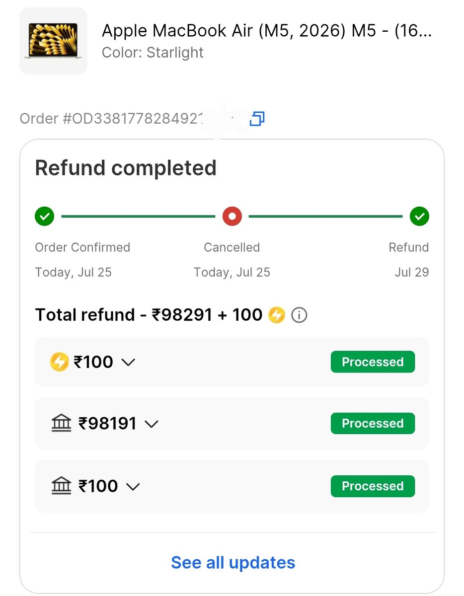 imdsarwar's tweet photo. @Flipkart @FlipkartSupport
My Apple MacBook Air M5 order was shipped, but Flipkart canceled it without my consent and refunded my payment. I purchased it for ₹98,291 (incl. ₹7,725 exchange). Now the same laptop costs much more.
Please honor my original order price. 
#flipkart https://t.co/cZyOUoezt4