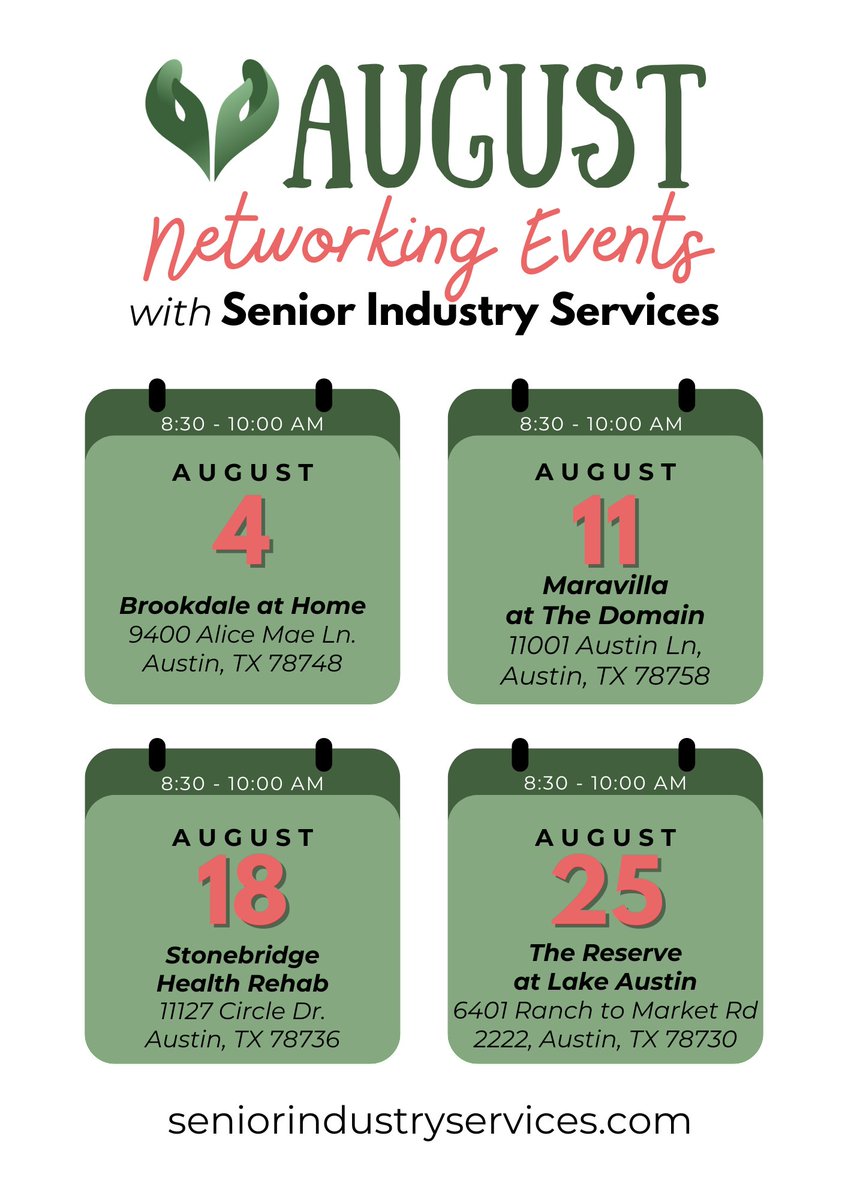 advisors_austin's tweet photo. August is packed with opportunities to connect!

Oasis Senior Advisors Austin &amp; Central Texas invites you to join us each Tuesday morning in July for SIS Just Networking—free, casual networking events where senior care professionals build relationships, share resources, and... https://t.co/XnKjeJeykP