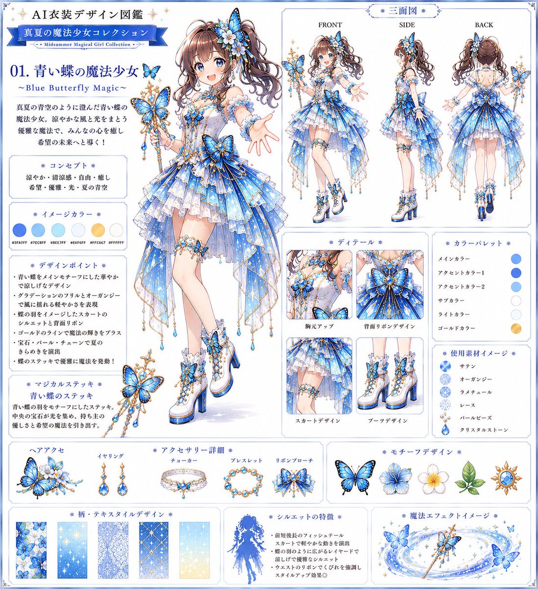 👗AI衣装デザイン図鑑👗 「真夏の魔法少女コレクション」 青い蝶の魔法