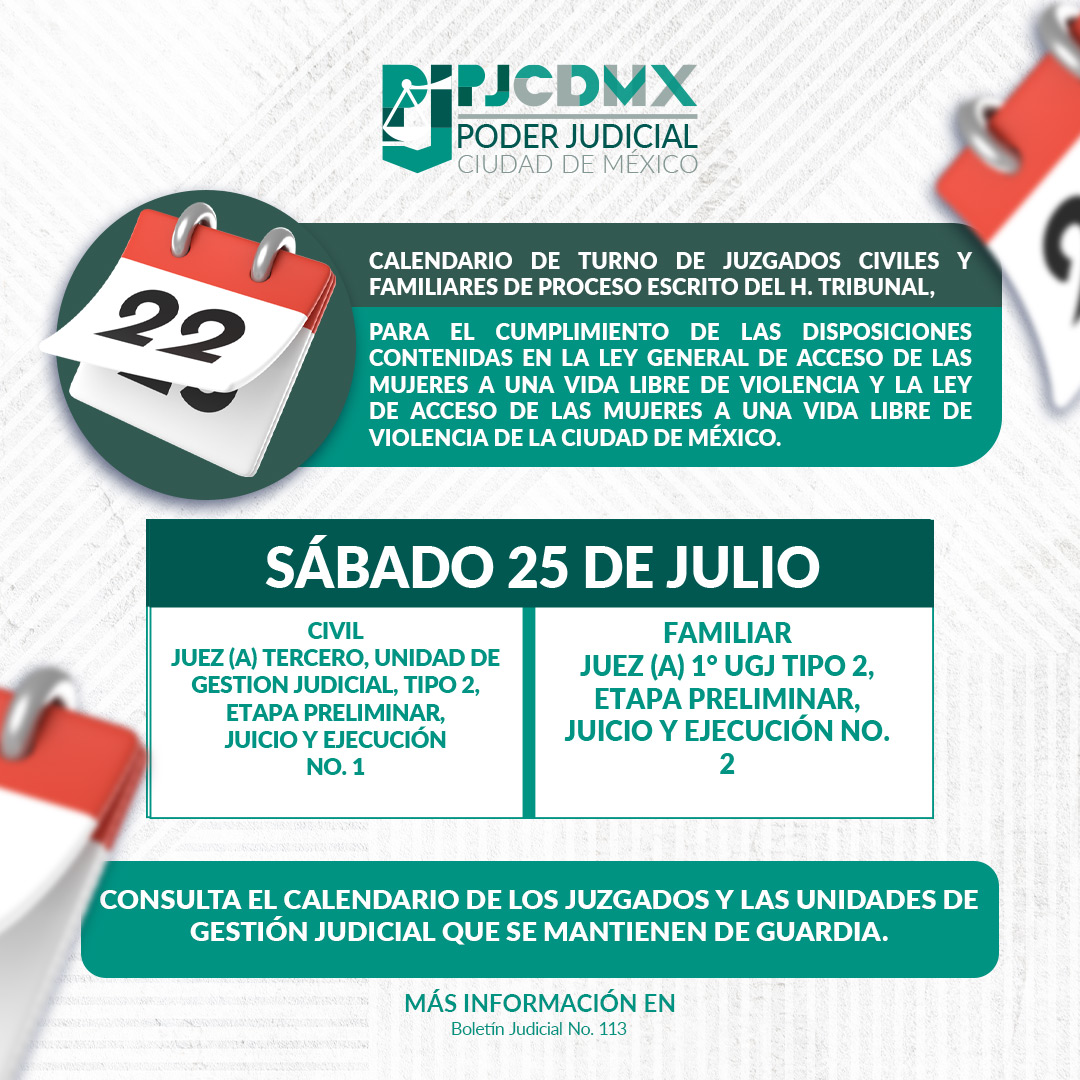 PJCDMX's tweet photo. 📅 Sábado 25 de julio | Guardias 24/7 del #PJCDMX: Civil Juez(a) Tercero, UGJ Tipo 2, Etapa Preliminar, Juicio y Ejecución No. 1; y Familiar Juez(a) 1° UGJ Tipo 2, Etapa Preliminar, Juicio y Ejecución No. 2.
https://t.co/w8xsS5rAJX
#PJCDMX #Justicia https://t.co/tZZulrf8zo