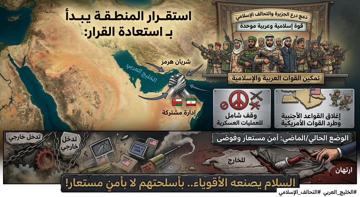 hamidakaak's tweet photo. # استقرار المنطقة يبدأ بـ استعادة القرار:
-وقف شامل للعمليات العسكرية من جانب إيران والحوثيين.
-إغلاق القواعد الأجنبية وطرد القوات الأمريكية.
-إدارة شريان هرمز برعاية عُمانية - إيرانية مشتركة.
-تمكين القوات العربية والإسلامية (دمج درع الجزيرة والتحالف الإسلامي) لدحر أي تهديد. https://t.co/OwFPhrNdpd