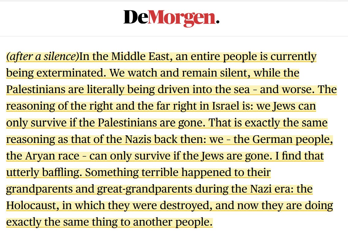 mboudry's tweet photo. Frans Timmermans (@F__Timmermans) is one of Europe's leading progressive politicians. He was the architect of the EU Green Deal, First Vice-President of the European Commission, and Dutch Foreign Minister. But what he says here is utterly revolting. It is the crudest form of Holocaust inversion—a trope that the IHRA Working Definition of Antisemitism identifies as antisemitic.

This is an educated man who speaks seven languages, has traveled the world (including Israel), and has had ample time to read books and reports about the Gaza war since losing the Dutch election and stepping down as party leader. Yet for him to confidently spout this historically illiterate nonsense, equating Israel with the Nazi regime and claiming that what "the Jews" are doing in Gaza is "exactly the same" (!) as the Holocaust, is absolutely grotesque.

This is why, as a progressive, I could never bring myself to vote for someone like Frans Timmermans. I'm very glad he was not elected Prime Minister of the Netherlands, quite apart from my disagreements with him on climate policy. 

"In the Middle East, an entire people is currently being exterminated. We watch and remain silent, while the Palestinians are literally being driven into the sea – and worse. The reasoning of the right and the far right in Israel is: we Jews can only survive if the Palestinians are gone. That is exactly the same reasoning as that of the Nazis back then: we – the German people, the Aryan race – can only survive if the Jews are gone. I find that utterly baffling. Something terrible happened to their grandparents and great-grandparents during the Nazi era: the Holocaust, in which they were destroyed, and now they are doing exactly the same thing to another people."