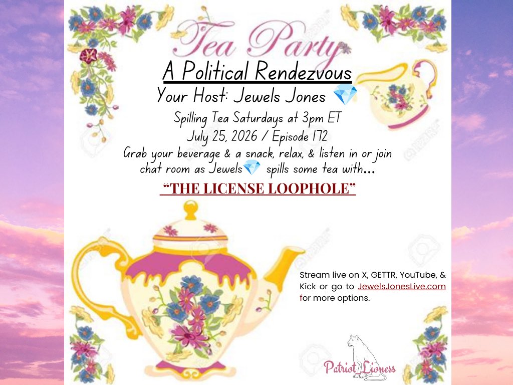 Patriot_Lioness's tweet photo. “A POLITICAL RENDEZVOUS”
Prepare to dive deep into today’s subject as Jewels Jones spills some tea with incredible information you may not have been aware of and you can chat about it in the chat rooms.  Are you ready?  Let’s go!

Stream live on X, GETTR, YouTube, & Kick or go to https://t.co/DsCD8ejzXH for additional options, as well as replay options

@jewelsjoneslive @catturd2 @MightyMouse200 @RobPligrimSr @dapgc_ @toni_hs101 @jjrsvl @renemccurry62 @jackie1321_67 @Pennsy20 @ladyhamiltonar1 @coolcid699 @DebraMilam6 @MomOfPearl13 @MollyMcFrolly @CrabbyTwoOne @DeanHarmer_42 @SusanLa0317 @SigTorYTTP @AConservativeDa @LoriPriceYoung @realChipEvans