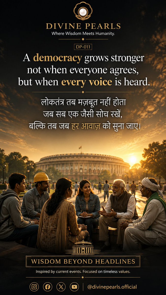 Divinepearls_'s tweet photo. A democracy grows stronger not when everyone agrees, but when every voice is heard.
Respectful dialogue is the foundation of every strong society.
💎 Where Wisdom Meets Humanity.
#DivinePearls #Democracy #Wisdom #Humanity #Respect https://t.co/GXTNcVlHTA