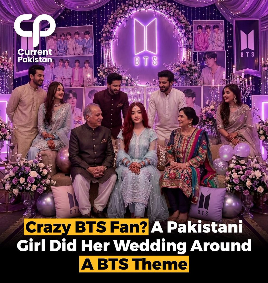 samikhan8lb's tweet photo. پاکستانی لڑکی نے BTS تھیم پر شادی کر کے سوشل میڈیا پر دھوم مچا دی 
راولپنڈی کی ایک لڑکی نے اپنی شادی کی تقریب کو BTS کے تھیم سے سجایا۔ تقریب میں BTS کا نیون لوگو، پوسٹرز اور BTS کشنز دیکھے گئے۔ دیسی لباس میں ملبوس فیملی کی BTS تھیم والی تصاویر وائرل ہو گئیں۔  

#BTS #viralnews https://t.co/2Vi0CbpOvf