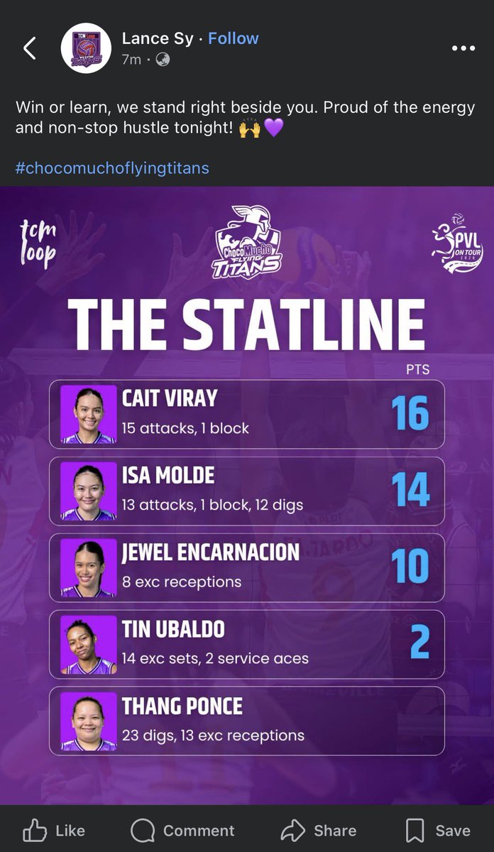 gelolovesvolley's tweet photo. saw these stats on fb. cait is really dante’s girl. sa choco niya nailalabas yung galing niya. isa is definitely back. never doubted my girl, jewel. told ya she’ll be an asset to any team she’ll sign up. tin will be a future star. while si thang, ayaw pa paelbow kay dawn, char 💜 https://t.co/1rVnql2rjJ